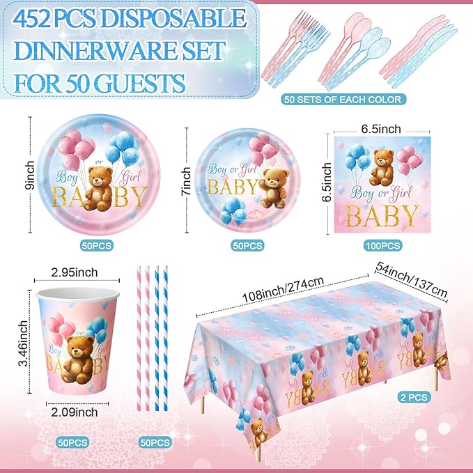 452 Pcs Bear Themed Gender Reveal Party Decorations for 50, Boy or Girl Gender Reveal Paper Plates Napkins Cups Tablecloth Cutlery Straws for Pink Blue Baby Shower Party Supplies