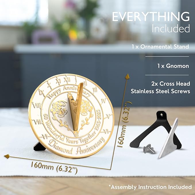 Metal Foundry Personalized Diamond 60th Sundial - Heavy Duty Recycled Brass Home Decor, Garden Present Made in The UK for Parents, Grandparents, Friends, Couples 60 Years Marriage