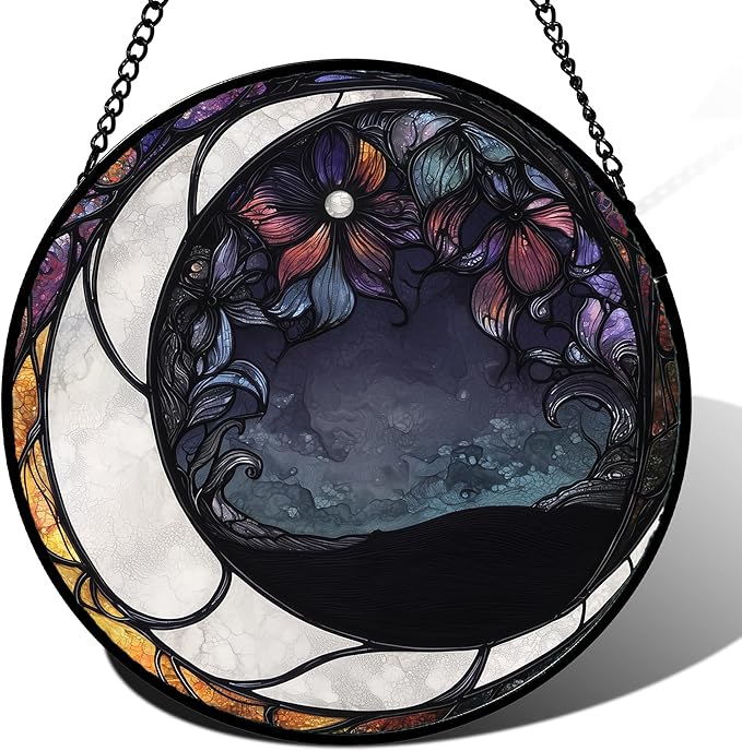 Stained Glass Window Hanging - Black and White Moon Sun Catcher for Door Terrace Garden Home Decor, Abstract Plant Flower Suncatcher Birthday Gifts for Lovers Women Men Dad Mom Nana 15 in