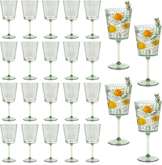 24 PCS Green Plastic Wine Glasses with Removable Stems 13.5 Oz Ribbed Wine Glasses Square White Wine Glass Muted Pastel Colors Goblets Elegant Fluted Glassware for Wedding Anniversary Birthday