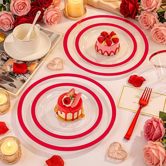 I00000 210 Pcs Red Plates Set,Clear and Red Plastic Plate Include 60 Plates,30 Cups,30 Rolled Napkins with Plastic Cutlery for Wedding & Valentine's Day