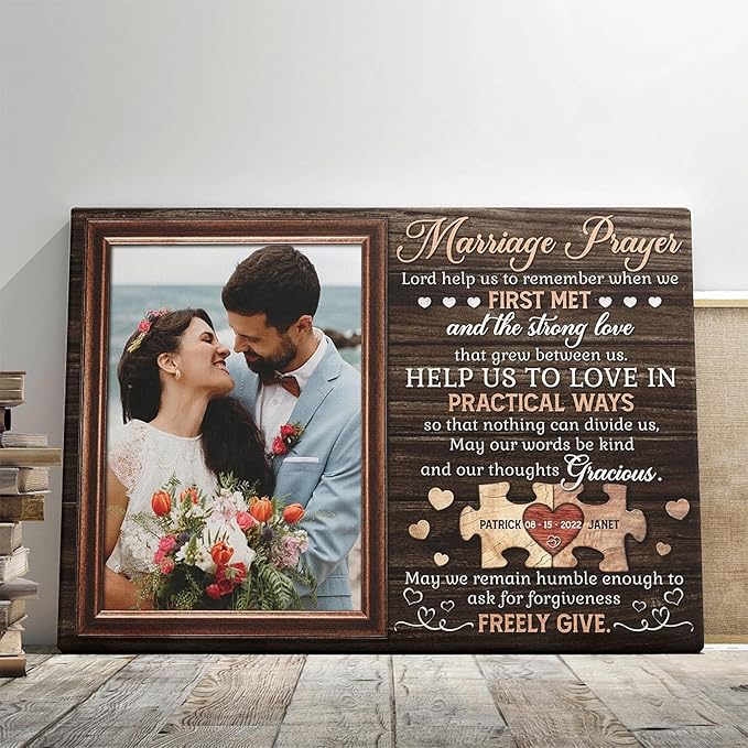 Dem Canvas Personalized Marriage Prayer Canvas Wall Art – Custom Wedding Photo Gift for Couples, Christian Home Decor with Names & Date – Anniversary, Engagement, or Bridal Shower Gift