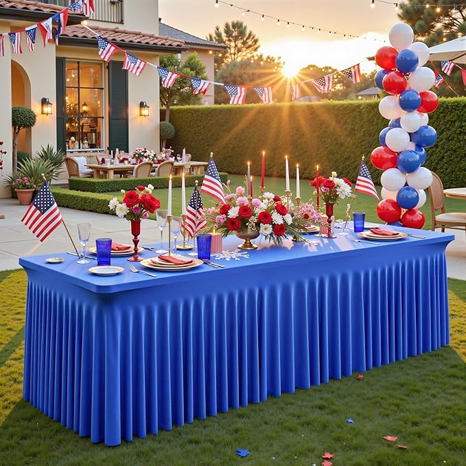 2 Packs Royal Blue Table Clothes for 6 Foot Rectangle Tables, One-Piece Wrinkle Resistant Stretch Spandex Table Covers with Skirt for Event Banquet Wedding Birthday Party