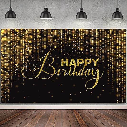 Happy Birthday Backdrop for Photography 10x8ft Luxury Black and Gold Birthday Party Backdrop Background Banner Bokeh Glitter Men Birthday Party Decorations Supplies Wallpaper Studio Props