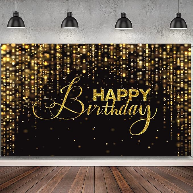 Happy Birthday Backdrop for Photography 10x6.5ft Luxury Black and Gold Birthday Party Backdrop Background Banner Bokeh Glitter Men Birthday Party Decorations Supplies Wallpaper Studio Props