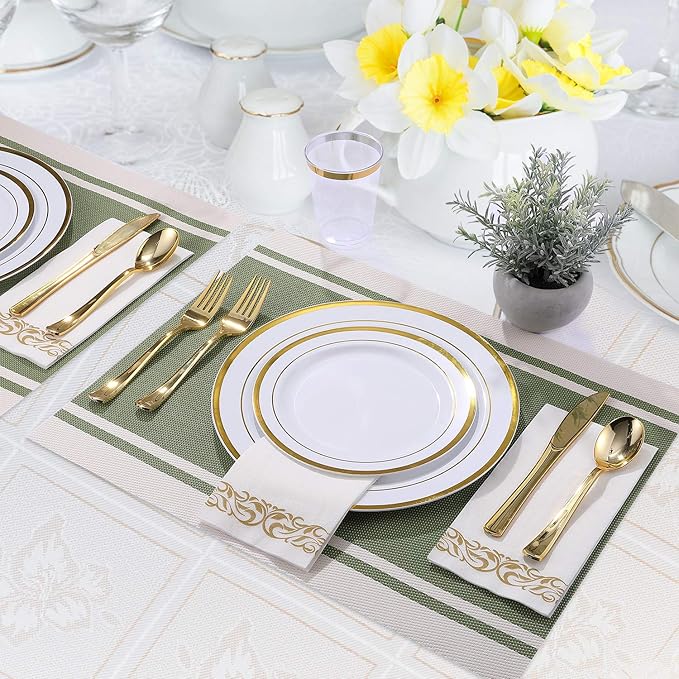 FOCUSLINE 350 Ct Disposable Dinnerware Set for 50 Guests -Heavy Duty Plastic Plates with Gold Rim, Includes 50 Dinner & Salad Plates, Cups, Napkins, Cutlery Set