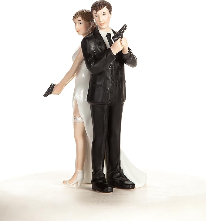 Wedding Collectibles Super Sexy Spy Guns Wedding Cake Topper with Bride and Groom | Fun, Sexy, Humorous Figurine | Fine Porcelain | 5.5 Inches