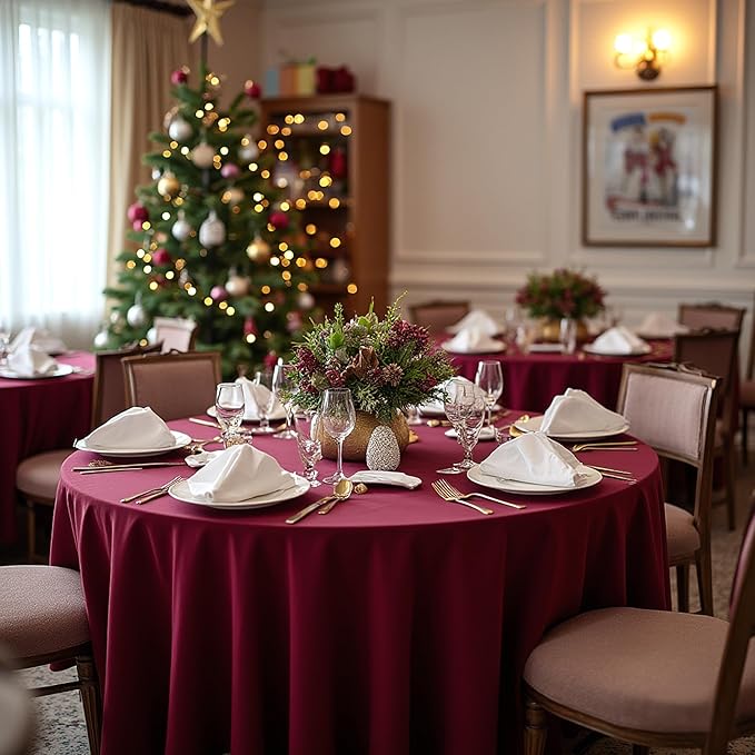 sancua Round Tablecloth 132 Inch Diameter, 6 Pack Burgundy - Circle Polyester Fabric Table Cloth for Christmas Party Reception Banquet Birthday, Washable Formal Table Cover (Fit 54-96 Inch Tables)