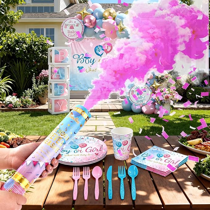 Gender Reveal Decorations Kit, Baby Gender Reveal Balloon Set with Confetti Cannons & Tableware for Boy or Girl Baby Shower (Pink)