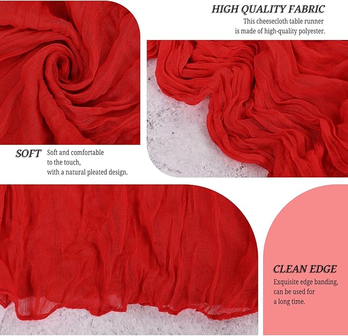 24 Pack Red Cheesecloth Table Runner 120 inch Fall Thanksgiving Boho Rustic Gauze Farmhouse 10FT Cheese Cloth Runner for Baby Shower Wedding Party Holiday Home Decor