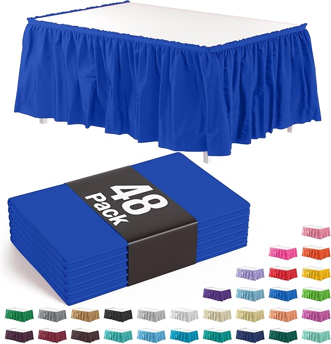 Exquisite Ruffle Table Skirt Dark Blue 48 Pack 14 Ft Long Table Skirts for Rectangle Tables 6ft Plus or Round Tables Skirts with Adhesive Strip for Gender Reveal Decor & Happy Birthday Parties