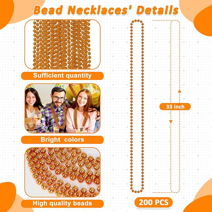 Beaded Necklace, 200 PCS 33" Orange Mardi Gras Beads, Mardi Gras Accessories, Costume Bead Necklace Bulk, Party Parade Beads for Pirate Wedding Birthday Halloween Party Supplies