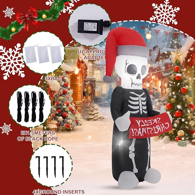 5 FT Christmas Hat Skeleton, Outdoor Inflatable Decorations with Built-in LED Lights for Gothic Style Holiday Inflatable White Christmas for lawns, Gardens, and Outdoor use