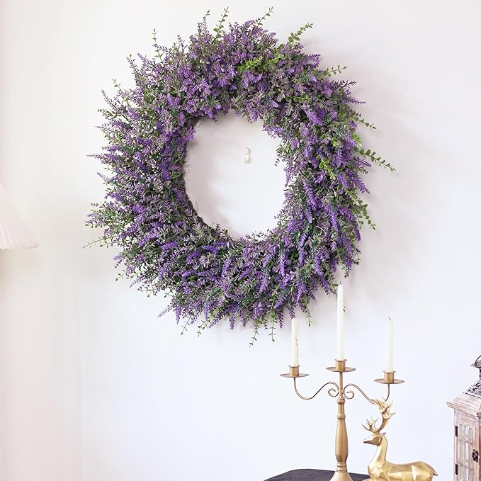 32'' Large Eucalyptus and Lavender Wreath for Front Door, Porch, Window- Artificial Eucalyptus Leaves with Lavender Wreath for Home, Farmhouse Wall Decor- Spring, Summer, Fall, All Seasons (Purple)
