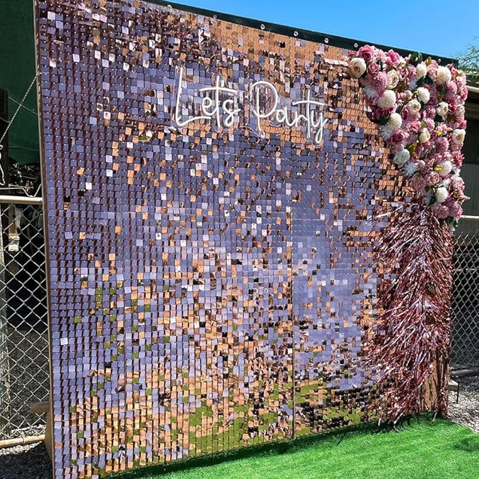 COKAOBE Rose Gold Shimmer Wall Backdrop, 24PCS Square Sequin Shimmer Backdrop Panels, Photo Backdrops for Birthday, Anniversary Wedding Engagement Decoration