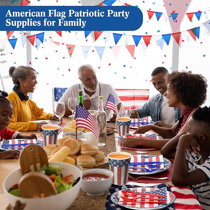 400 Pcs American Flag Patriotic Party Supplies Red White Blue Disposable Paper Plates Napkins and Cups Veterans Election Tableware for Independence 4th of July Labor Memorial Day(Retro)