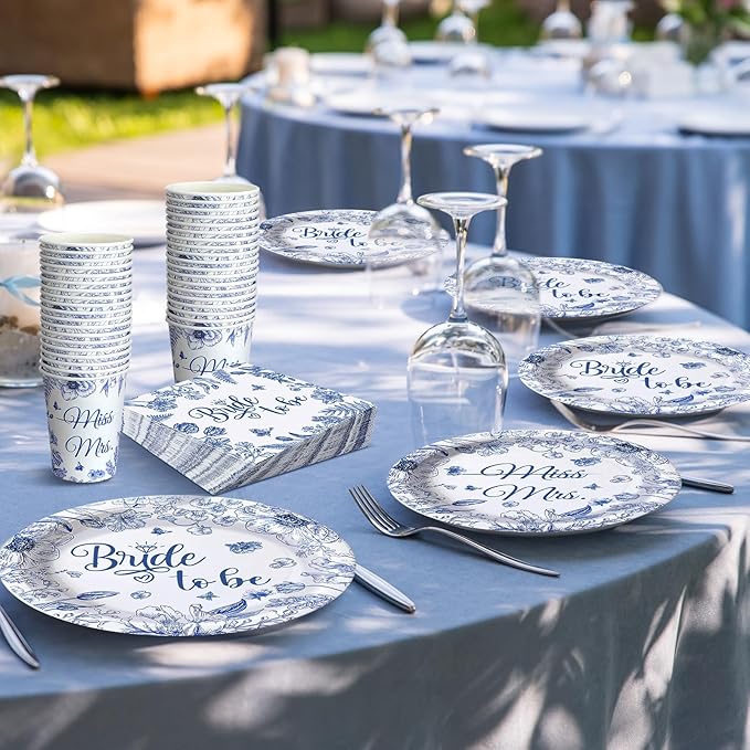 Zhehao 250 Pcs Bride to Be Bridal Shower Plates Napkins Sets 50 Pcs 9'' Dinner Plates and 7'' Dessert Plate and 9oz Cups 100 Napkins Serves 50 Party Supplies Bridal Shower Engagement Decoration