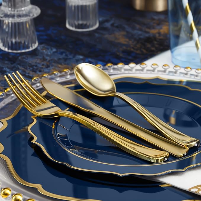 200 PCS Premium Blue Plastic Plates for 25 Guests, Heavy Duty Blue and Gold Disposable Plate, include 25 Plastic Dinner/Dessert Plates, 75 Silverware Set, 25 Cups, Straws for Party Christmas
