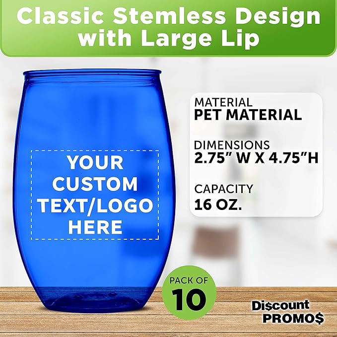 Custom Plastic Stemless Wine Glasses 16 oz. Set of 10, Personalized Bulk Pack - BPA Free, Great for Outdoor Lounges, Poolside, Parties and Other Events - Blue