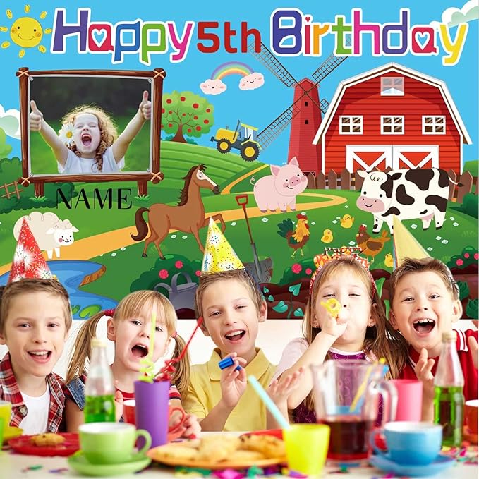 Custom Farm Animal Happy Birthday Party Decorations Supplies Personalized Farm Animal Barn Cow Farmhouse Birthday Backdrop Banner(6x9ft)