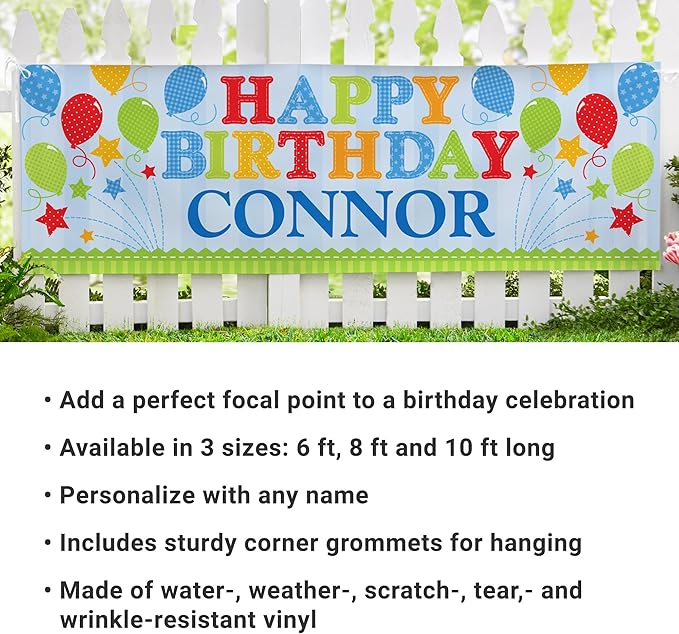 Let's Make Memories Personalized blue Happy Birthday Banner for Kids - Custom Birthday Party Decorations - Indoor/Outdoor Vinyl - Any Name - Balloons and Stars - 10ft
