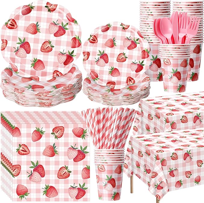 452 Pcs Strawberry Birthday Party Decorations for 50, Strawberry Paper Plates Napkins Cups Tablecloth Cutlery Straws for Berry First Birthday Wedding Baby Shower Party Supplies