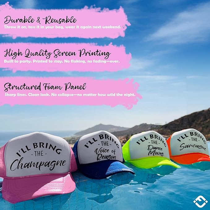 Funky Junque Women's Funny Trucker Hats: Adult Humor for Bachelorette & Girls Trips, Groups 3-25, Mesh Hat - I'll Bring The's