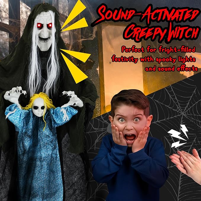 BECOMFORT 6.1 FT Hanging Animatronic Halloween Decoration, Sound-Activated Hanging Witch with Spooky Sounds, Glowing Eyes & Bending Arms, Animated Halloween Props for Indoor & Outdoor