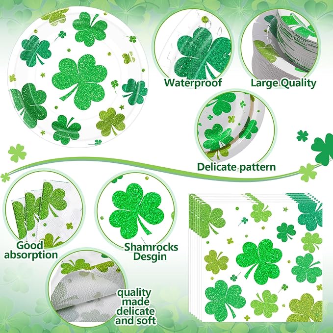Pickmesh 400 Pcs St. Patrick's Day Party Plates and Napkin Decoration Lucky Shamrock Tableware Cups Knives for Wedding Green Shamrock Themed Irish Festival Party Supplies Serve 50