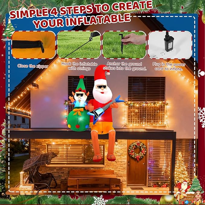 8 FT Guitar-Playing Santa Outdoor Inflatable with LED Lights for Christmas Holiday Party Decoration, Winter Garden Decoration
