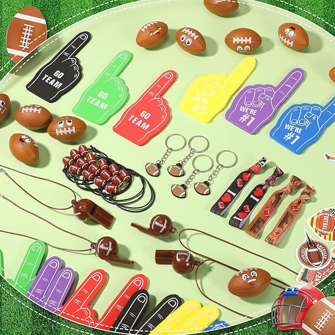 Maxdot 194 Pcs Football Party Favors 24 Set Football Goodie Foam Finger Mini Face StressBall Keychain Bracelet Wristband Whistle Sticker for Kids Birthday Party Supplies Gift