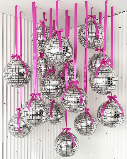 Jenaai 30 Set Round Foil Balloons Bulk 22 Inch 4d Metallic Giant Balloons Set with Satin Bows Ribbon for Ceiling Holiday Ornaments New Year Birthday Wedding Party Decoration(Disco)