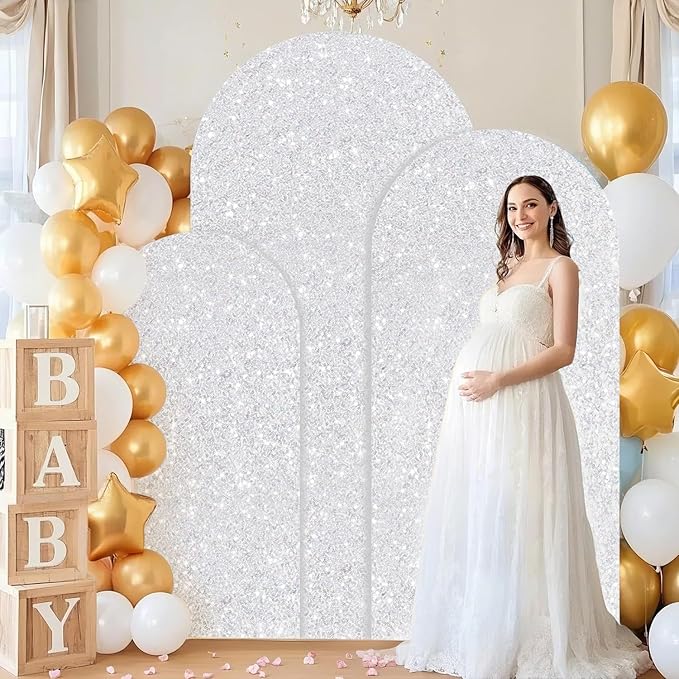 FUHSY Silver Arch Cover Set of 3 Arch Backdrop Cover 7.2FT/6.6FT/6FT Sparkle Sequin Chiara Backdrop Covers Spandex Wedding Arch Stand Covers for Party Birthday Banquet Ceremony Graduation Decor