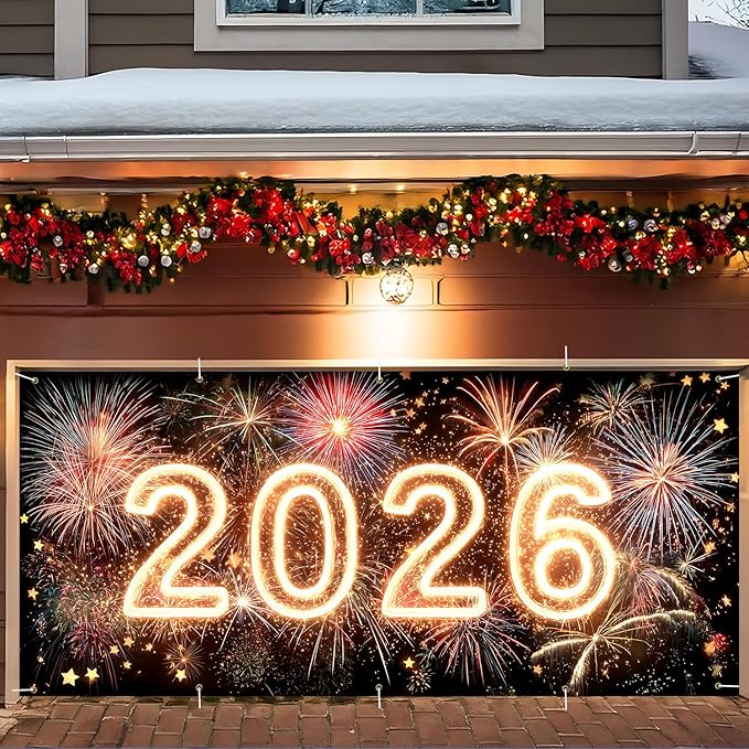 2026 New Year Garage Door Banner 7x16FT, Neon Glow 2026 Fireworks Garage Door Cover, Large Outdoor Happy New Year Decoration Backdrop for Garage Door, Fence, Yard, Party Photo Booth