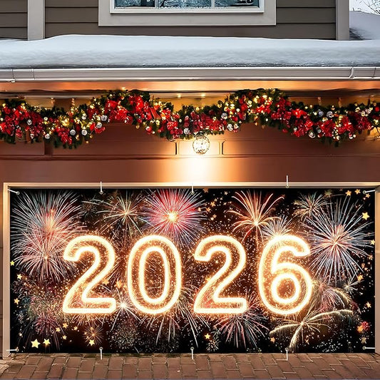 2026 New Year Garage Door Banner 7x16FT, Neon Glow 2026 Fireworks Garage Door Cover, Large Outdoor Happy New Year Decoration Backdrop for Garage Door, Fence, Yard, Party Photo Booth