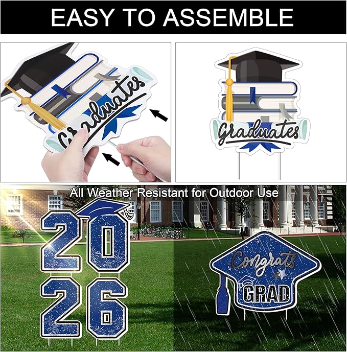 Large 11 PCS Graduation Yard Signs, Class of 2026 Congrats Grad Outdoor Lawn Yard Sign with Stakes, Graduate Yard Decorations for College High School Party, Black and Blue