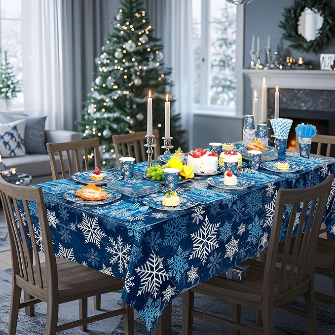 452 Pcs Winter Dark Blue Snowflake Party Supplies for 50, Blue Silver White Snowflake Paper Plates Napkins Cups Tablecloth Cutlery Straws for Winter Birthday Wonderland Party Decoration