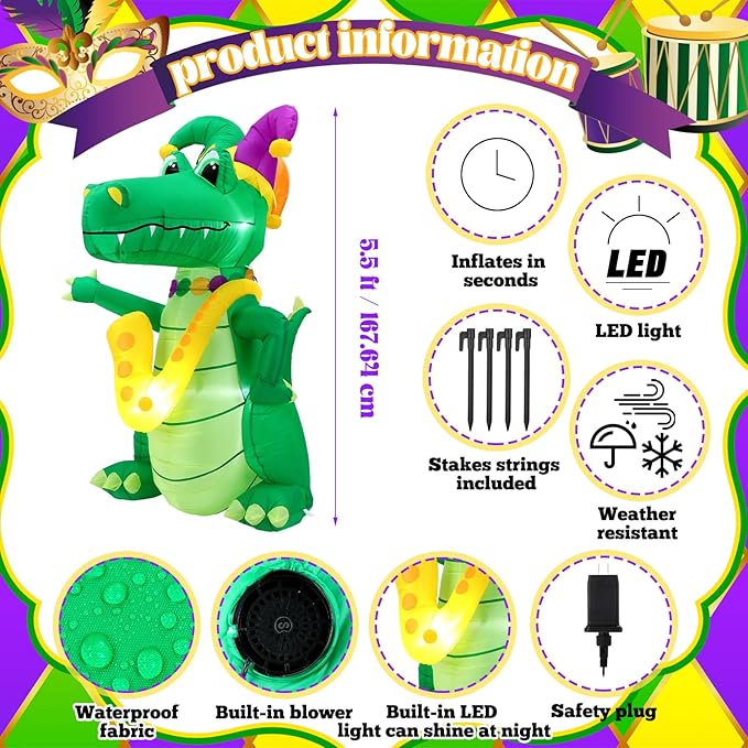 VIHOSE 5.5 FT Mardi Gras Inflatable Decoration Large Blow Up Alligator with Saxophone Necklace and Jester Hat Built in LED Lights for Mardi Gras Yard Garden Outdoor Decoration