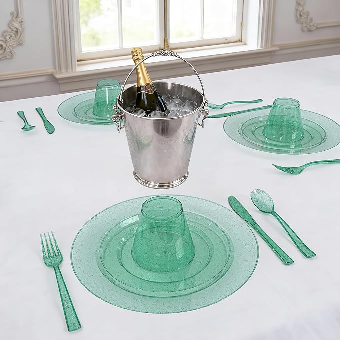 DaYammi 350 Pieces Green Glitter Dinnerware Set 50 Guest for Party- 50 Dinner Plates, 50 Dessert Plates -50 Per Rolled Napkins with Green Cutlery - 50 Disposable Cups 9 OZ