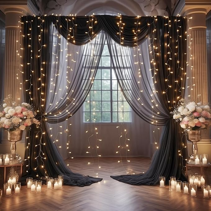 30x10ft Black Tulle Backdrop Curtain with Lights String for Parites, Sheer Photo Backdrop Curtains with Lights for Wedding Backdrop Ceremony Reception Bridal Shower Baby Shower Birthday Party