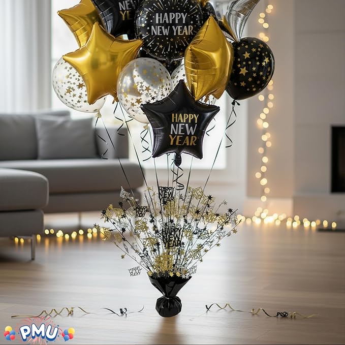 PMU 12Pc New Year's Eve Bursting Centerpiece for Table Decor, Table Balloon Weights| for Theme Party Decorations Supplies Black |15in