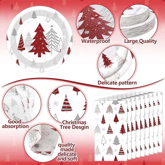 Pickmesh 400 Pcs Christmas Party Supplies Red Silver Xmas Tree Snowflake Disposable Paper Plates Napkins Cups Cutlery for Winter Xmas Christmas Birthday Party Table Decorations Serve 50