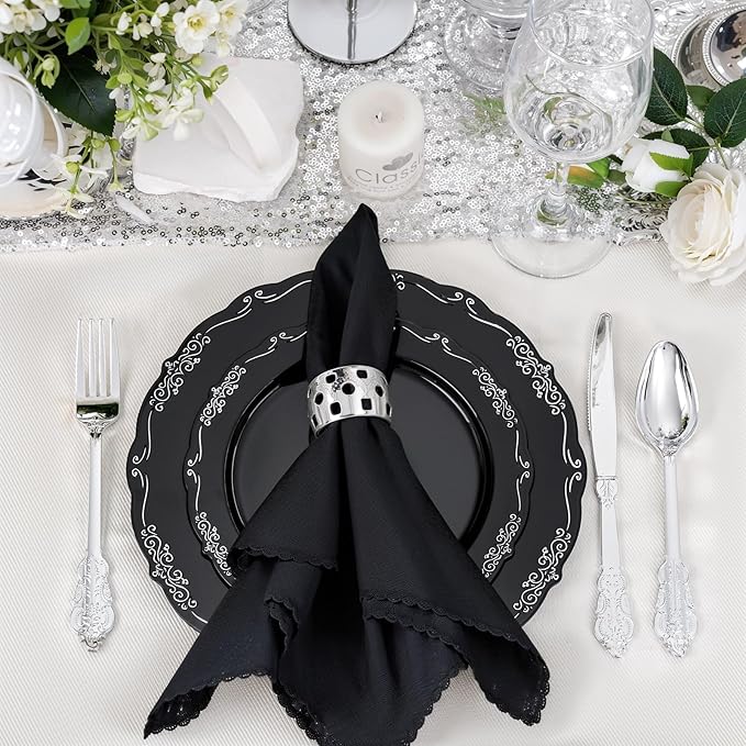 DaYammi 60PCS Black and Silver Plastic Plates, Heavy Duty Black and Silver Disposable Plates Premium 10inch Dinner Plate Hard Plastic Plate Disposable for Party and Wedding