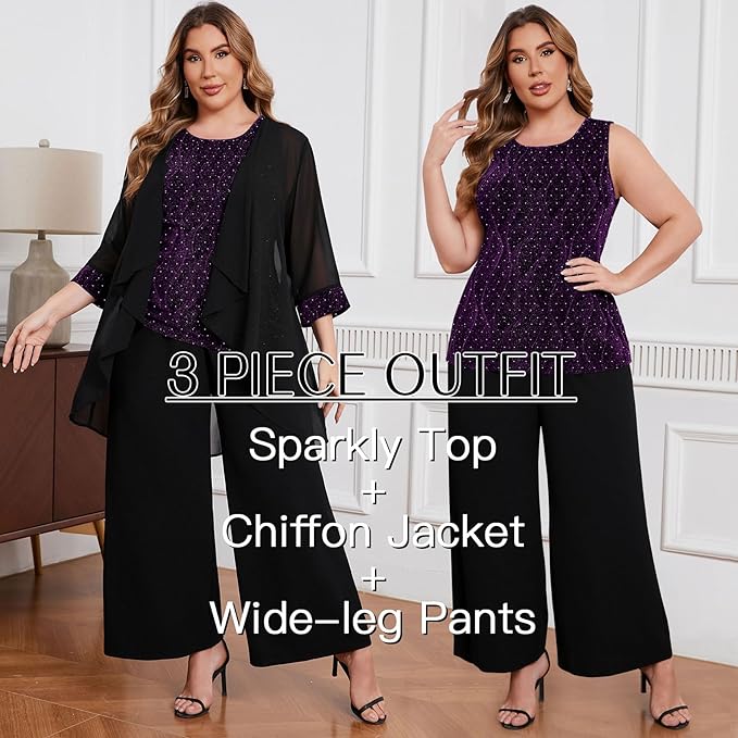 ZOMVA Plus Size 3 Piece Formal Pantsuit Sparkly Chiffon Jacket Set Dressy Outfit Mother of The Bride Groom Wedding Cocktail