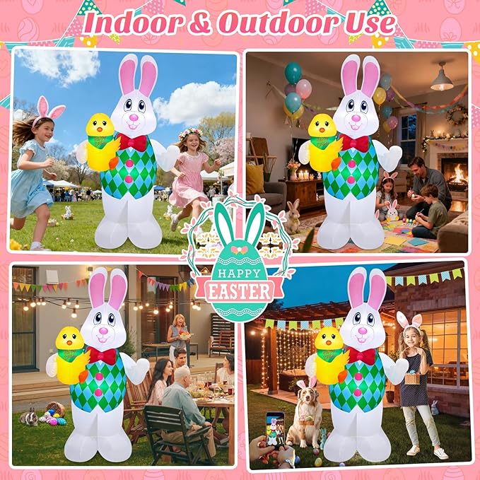 Danxilu 5 Foot Easter Inflatables Outdoor Decorations, Cute Blow Up Bunny Holding Chick for Outside, Built in LEDs Spring Holiday Inflatable Yard Decoration for Party Indoor Garden Lawn