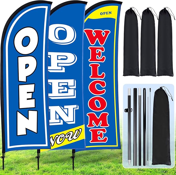 Buryeah 3 Sets Now Open Feather Flag Banner for Business Advertising 7 Feet Tall Grand Opening Feather Flag Sign with Fiberglass Pole Kit Rotating Ground Spike and Portable Bag (Blue)