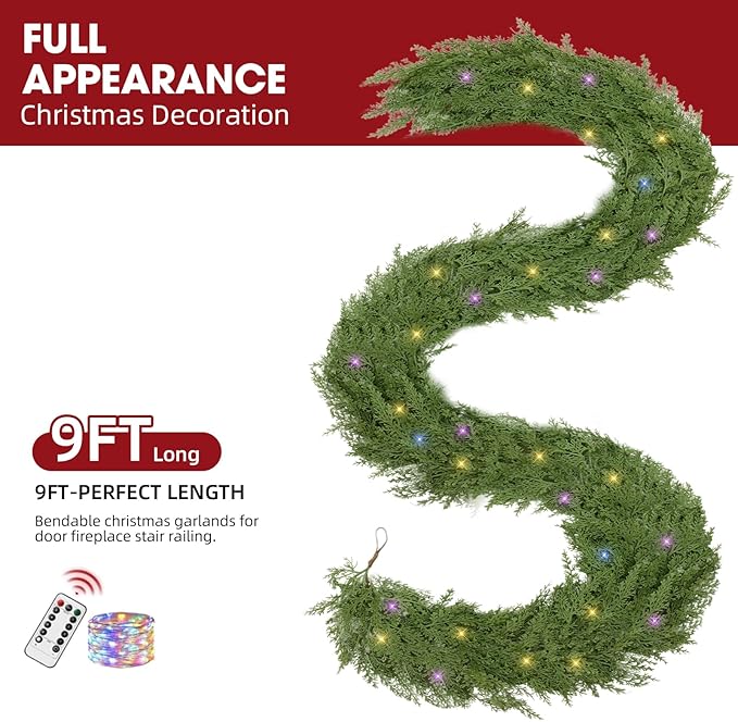 Cedar Christmas Garland for Mantle - Decorations with Lights 9 ft Realistic Lighted Faux Pine Garlands for Xmas Stairs Railing Fireplace Prelit Home Decoration Indoor Outdoor 9ft Garland Door Decor