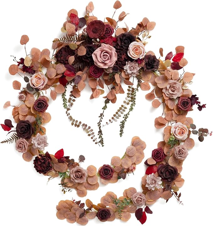 Ling's moment 9FT Eucalyptus and Willow Leaf Garland with White Flower, Handcrafted Wedding Sweetheart Table Centerpieces Head Table Decor Arch Backdrop Decorations for Wedding | Burgundy & Dusty rose