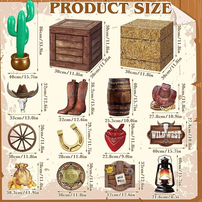 20 Pcs Western Cowboy Party Decorations Hay Bales Straw Boxes Inflatable Cactus Cowgirl Card Hat Horseshoe for Birthday Photo Booth Props Cowboy Party Birthday Farm