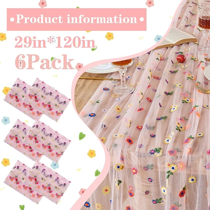 6PCS Pink Floral Table Runner 10 FT, Embroidery Daisy Table Runners Seasonal Spring Summer Sheer Tulle Dining Table Decor for Home Party Birthday Decor 29x120 Inch
